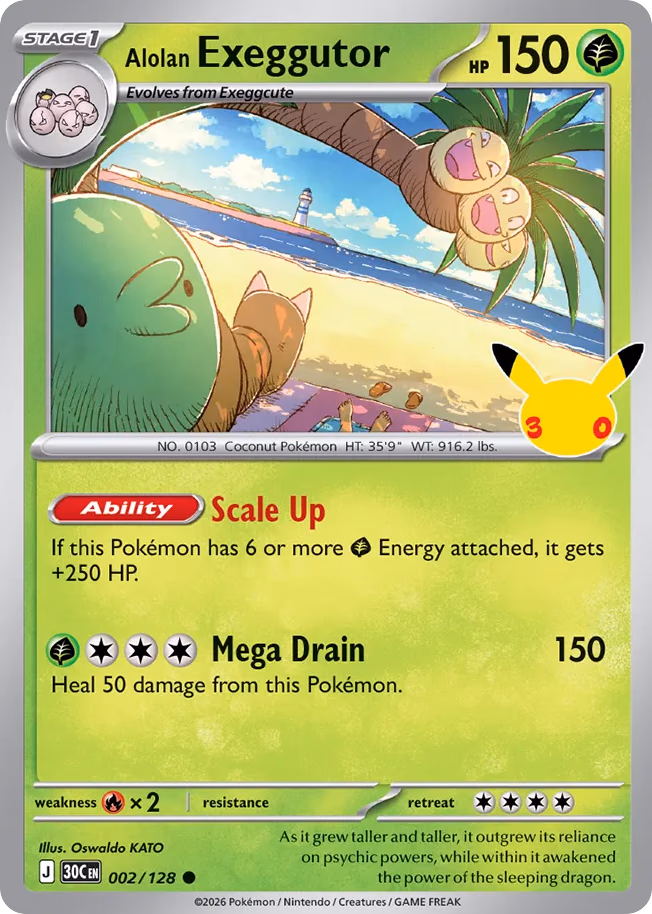 Alolan Exeggutor Pokemon card (002/128, 30th Celebration)