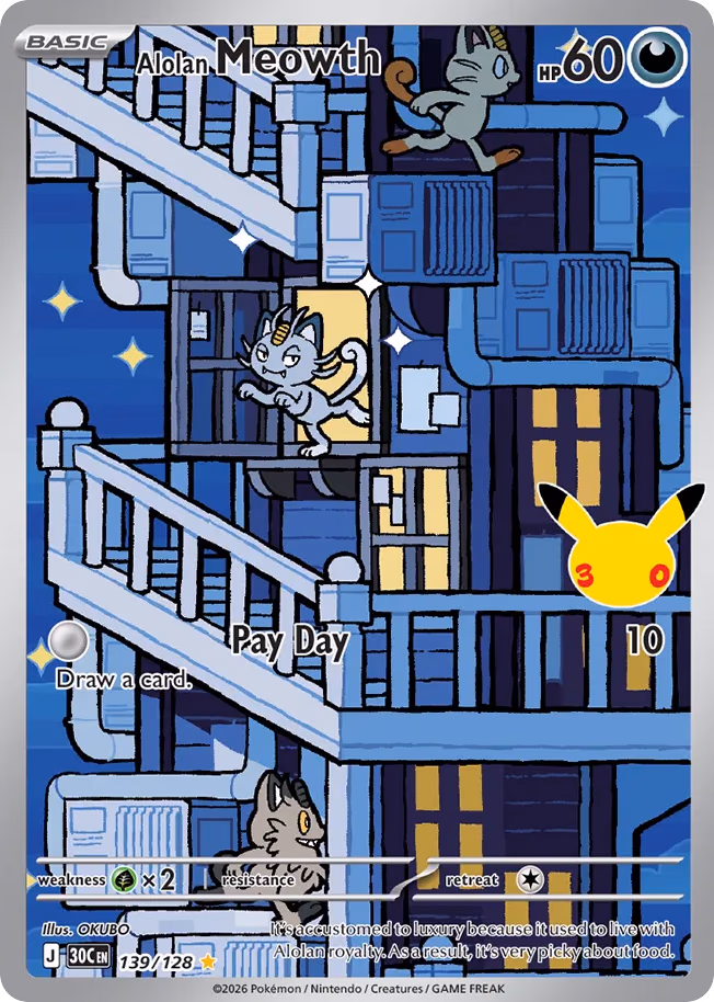 Alolan Meowth Pokemon card (139/128, 30th Celebration)