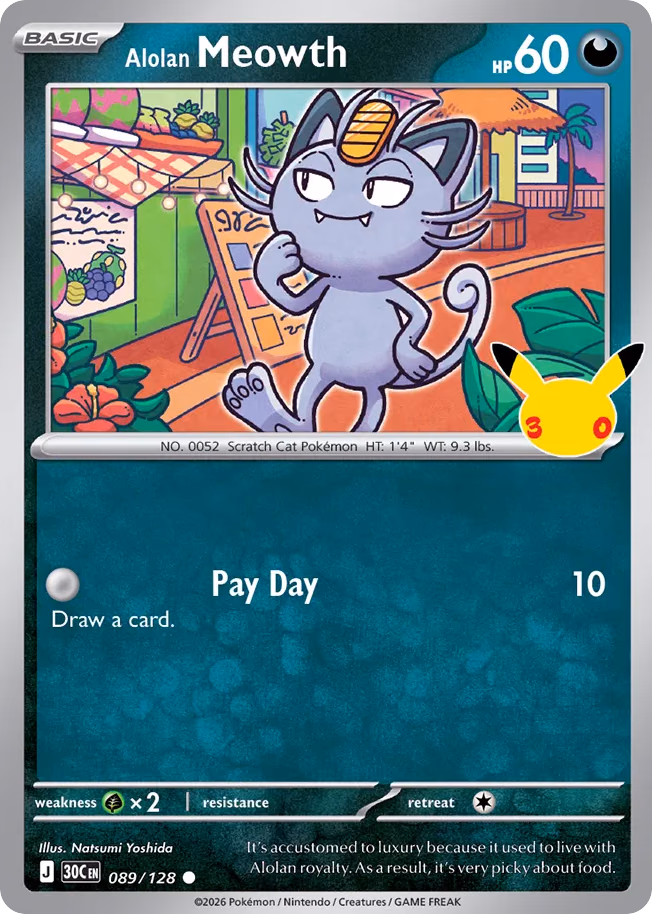 Alolan Meowth Pokemon card (089/128, 30th Celebration)