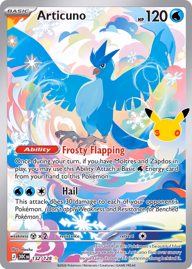 Articuno Pokemon card (132/128, 30th Celebration)