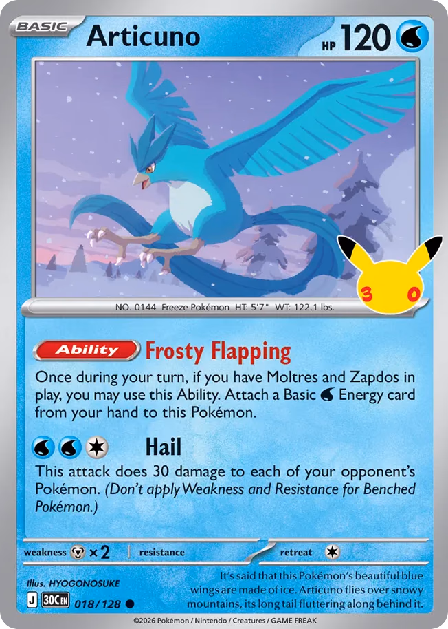 Articuno Pokemon card (018/128, 30th Celebration)