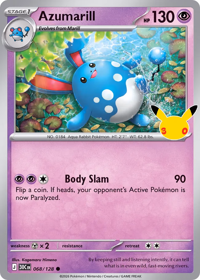 Azumarill Pokemon card (068/128, 30th Celebration)