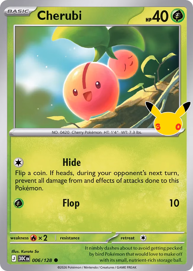 Cherubi Pokemon card (006/128, 30th Celebration)