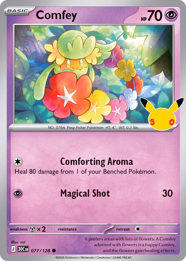 Comfey Pokemon card (077/128, 30th Celebration)