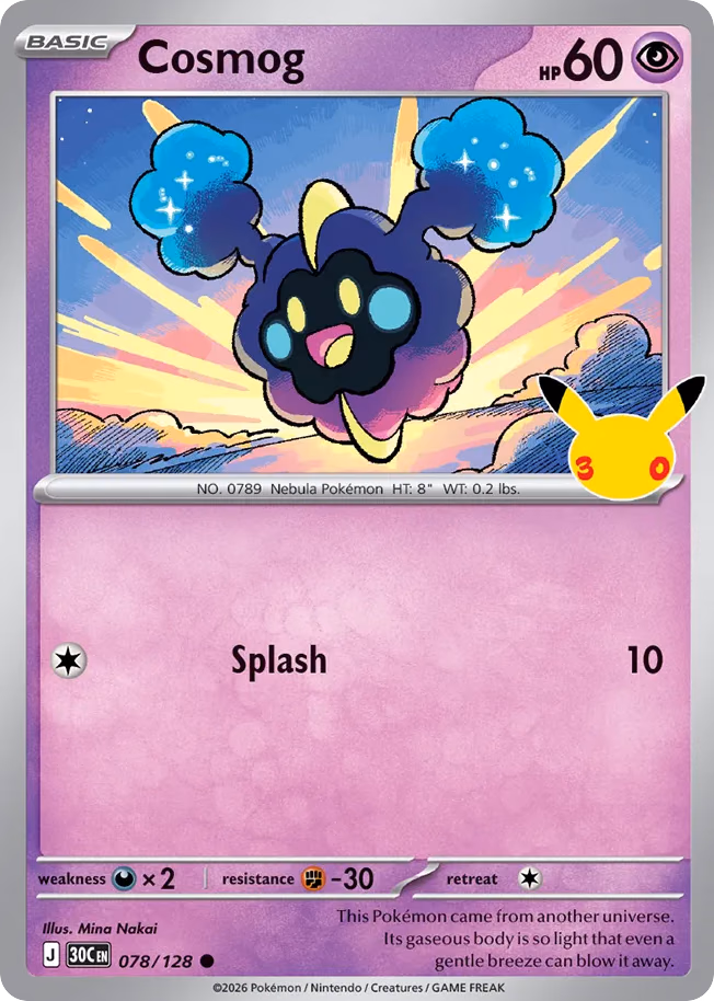 Cosmog Pokemon card (078/128, 30th Celebration)