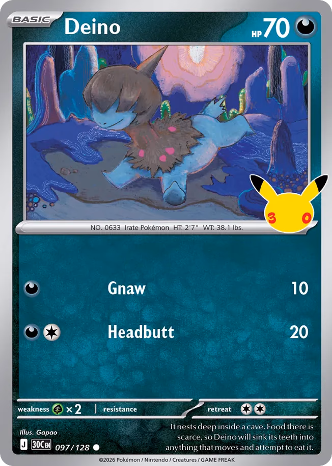 Deino Pokemon card (097/128, 30th Celebration)
