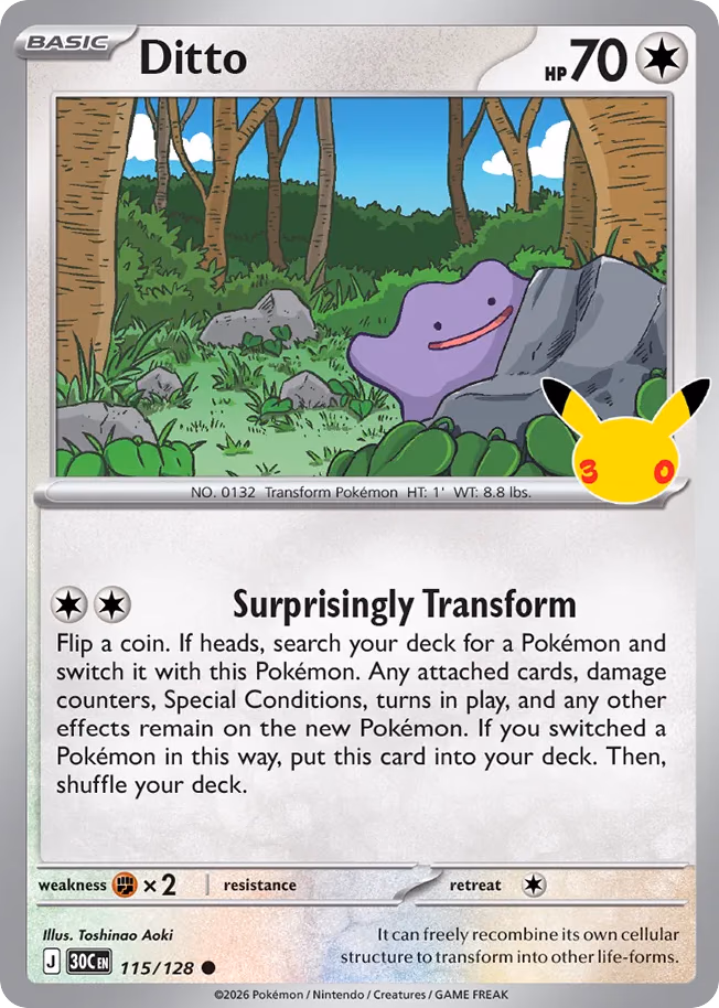Ditto Pokemon card (115/128, 30th Celebration)