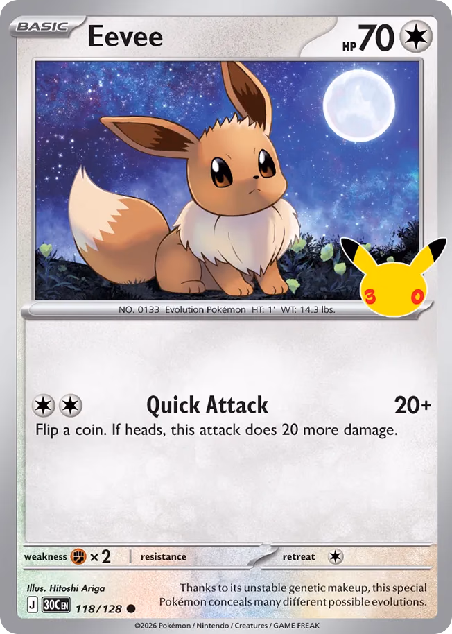 Eevee Pokemon card (118/128, 30th Celebration)