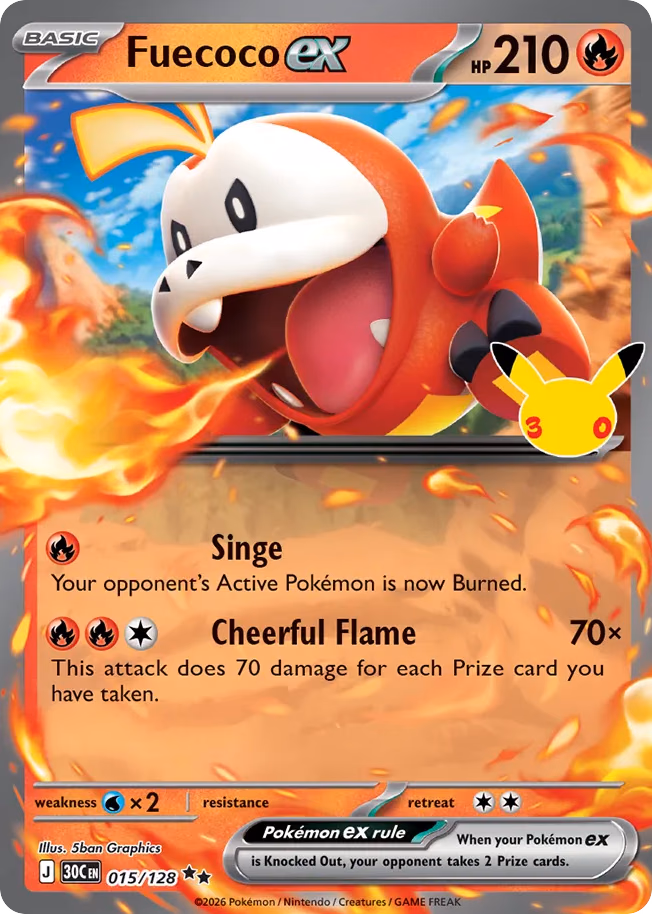 Fuecoco ex Pokemon card (015/128, 30th Celebration)