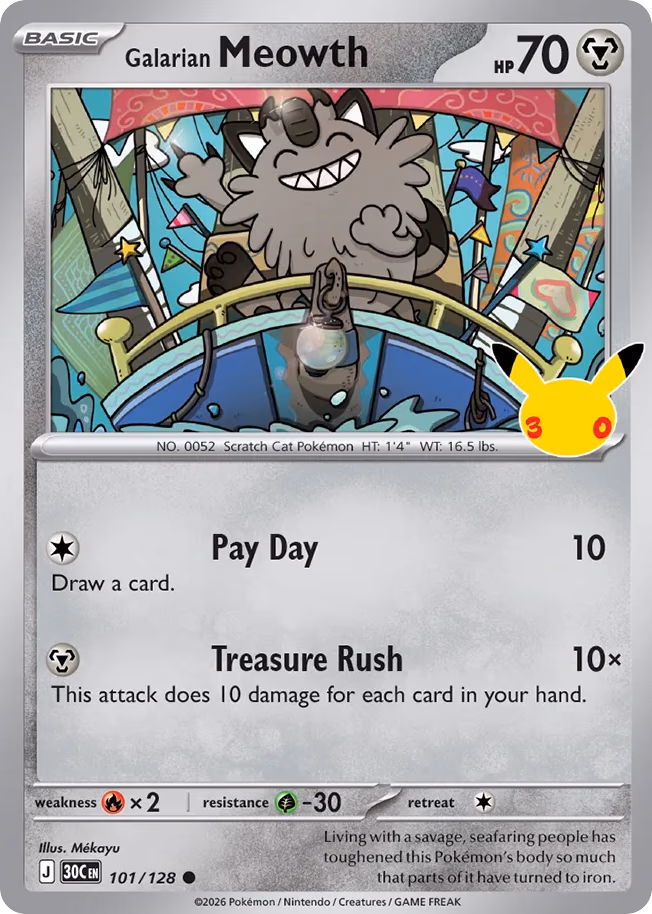 Galarian Meowth Pokemon card (101/128, 30th Celebration)