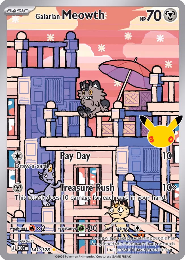 Galarian Meowth Pokemon card (141/128, 30th Celebration)