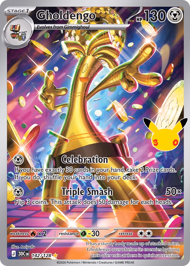 Gholdengo Pokemon card (142/128, 30th Celebration)