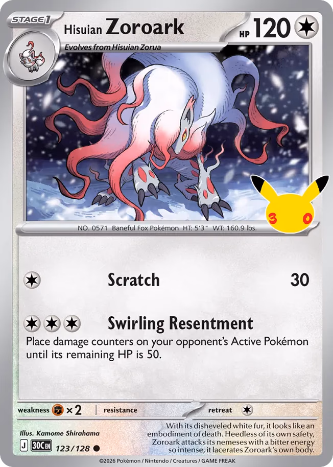 Hisuian Zoroark Pokemon card (123/128, 30th Celebration)