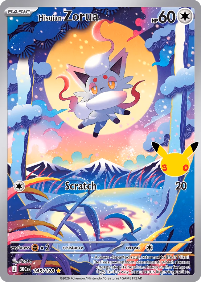 Hisuian Zorua Pokemon card (145/128, 30th Celebration)