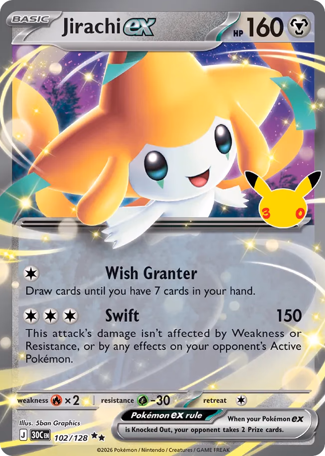 Jirachi ex Pokemon card (102/128, 30th Celebration)