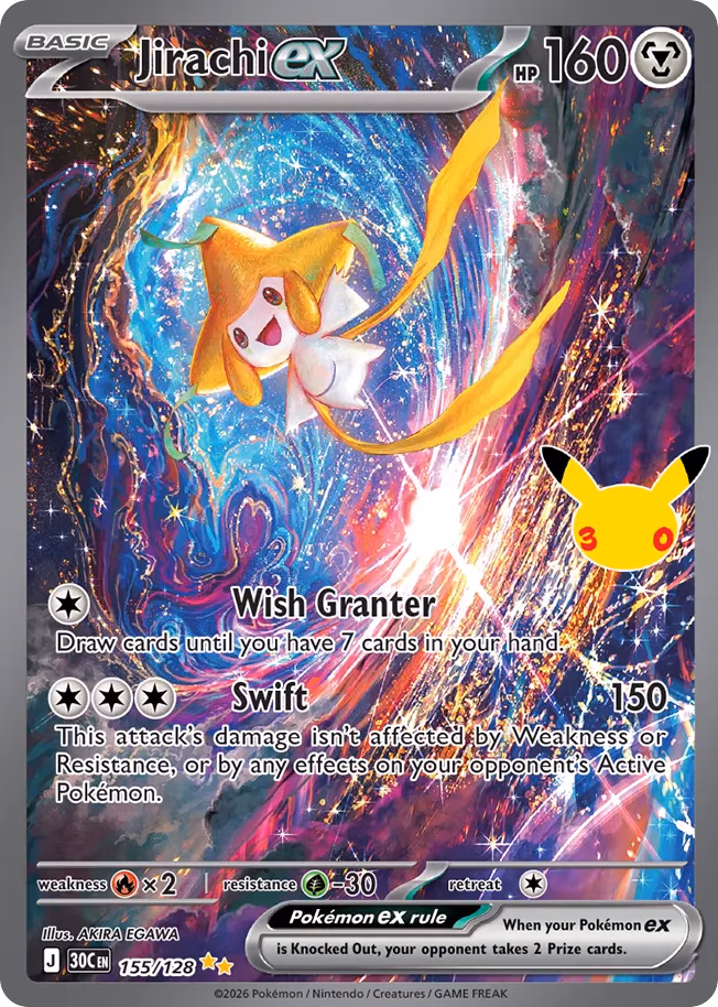 Jirachi ex Pokemon card (155/128, 30th Celebration)