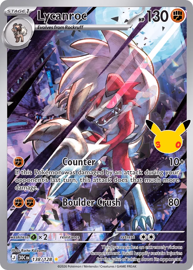 Lycanroc Pokemon card (138/128, 30th Celebration)