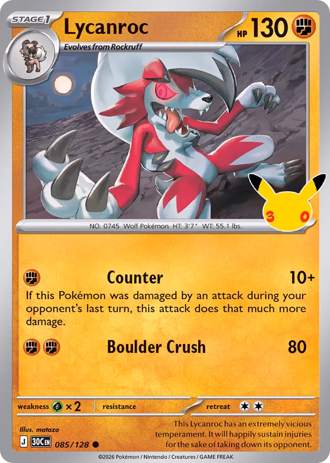 Lycanroc Pokemon card (085/128, 30th Celebration)