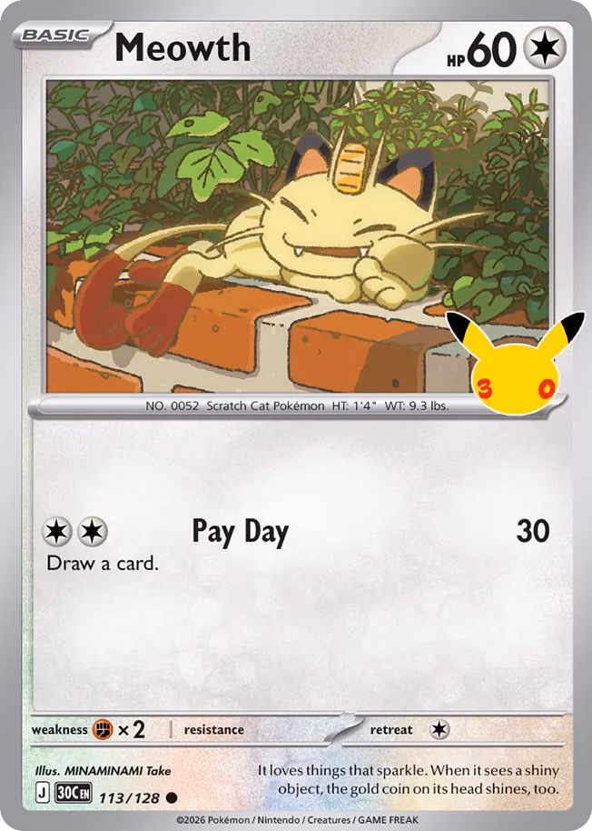 Meowth Pokemon card (113/128, 30th Celebration)