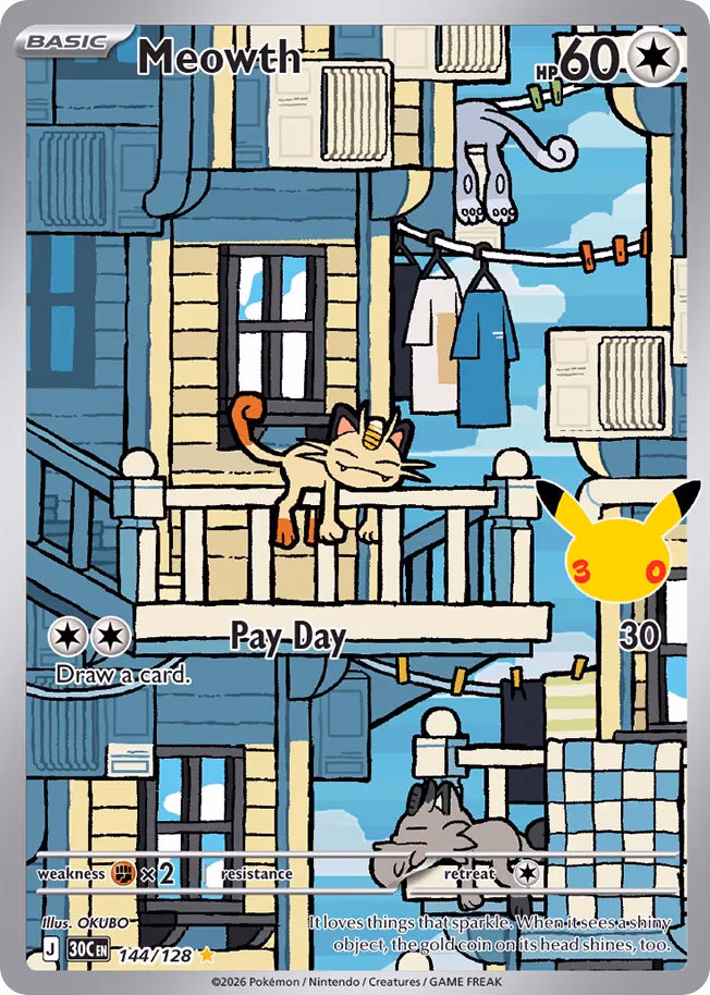 Meowth Pokemon card (144/128, 30th Celebration)