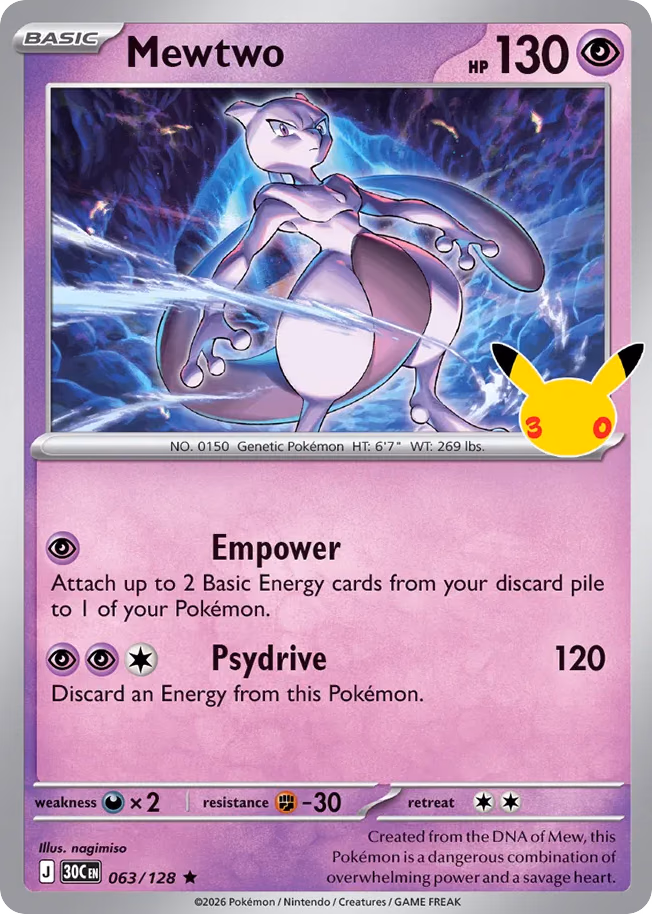 Mewtwo Pokemon card (063/128, 30th Celebration)