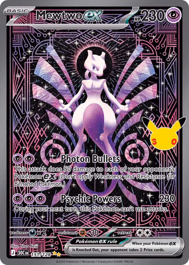 Mewtwo ex Pokemon card (151/128, 30th Celebration)