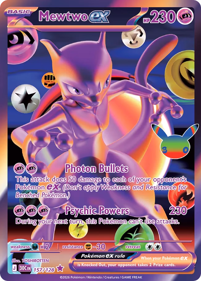 Mewtwo ex Pokemon card (157/128, 30th Celebration)