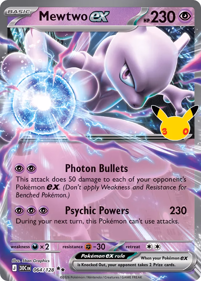 Mewtwo ex Pokemon card (064/128, 30th Celebration)