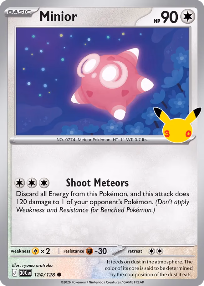 Minior Pokemon card (124/128, 30th Celebration)