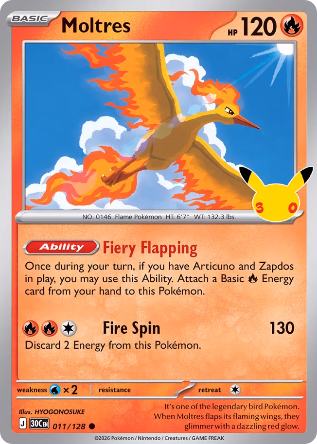 Moltres Pokemon card (011/128, 30th Celebration)