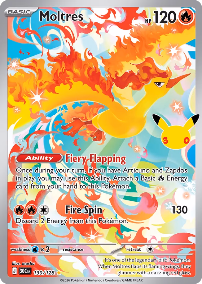 Moltres Pokemon card (130/128, 30th Celebration)