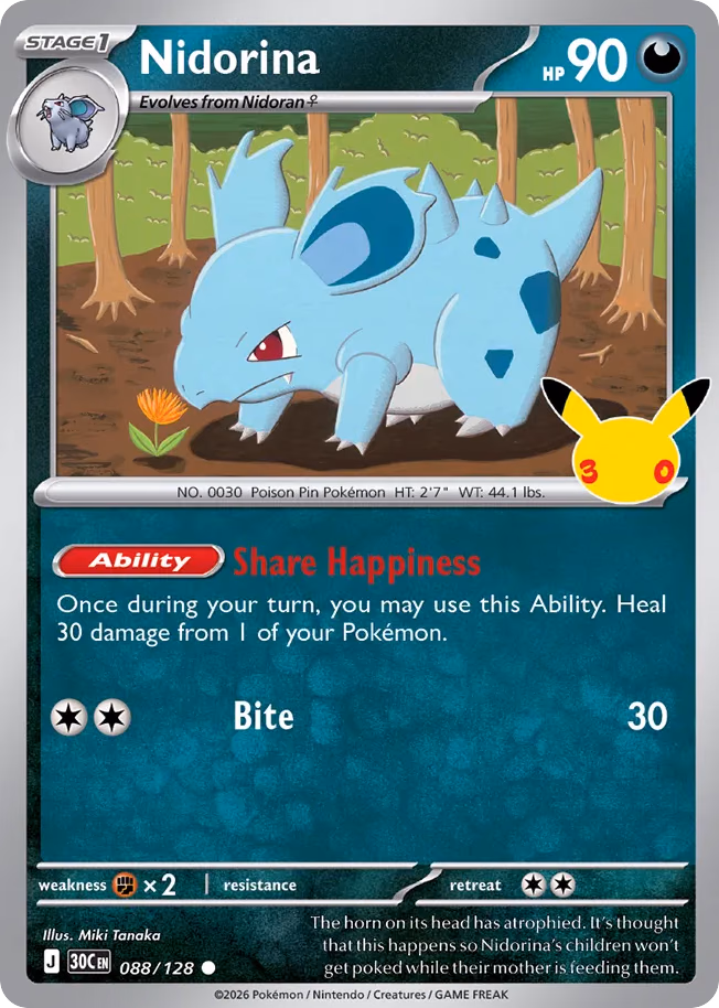 Nidorina Pokemon card (088/128, 30th Celebration)