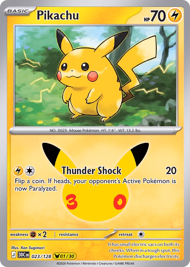 Pikachu Pokemon card (023/128, 30th Celebration)