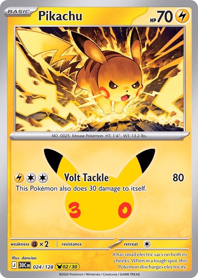 Pikachu Pokemon card (024/128, 30th Celebration)