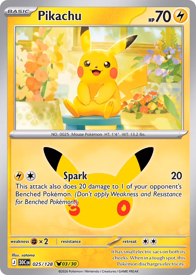 Pikachu Pokemon card (025/128, 30th Celebration)