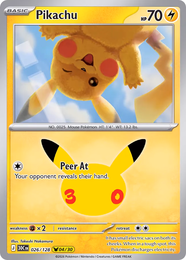 Pikachu Pokemon card (026/128, 30th Celebration)