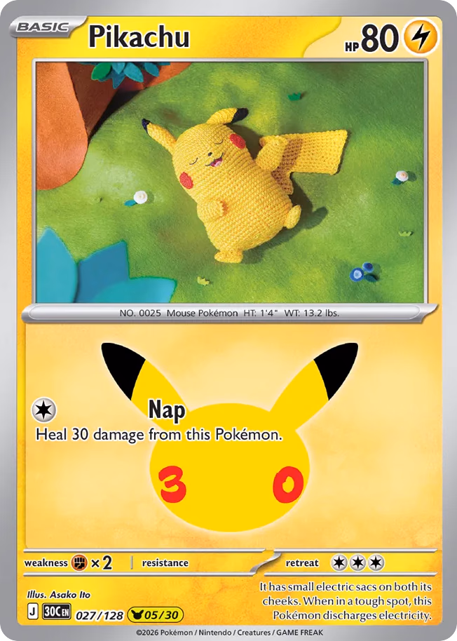 Pikachu Pokemon card (027/128, 30th Celebration)
