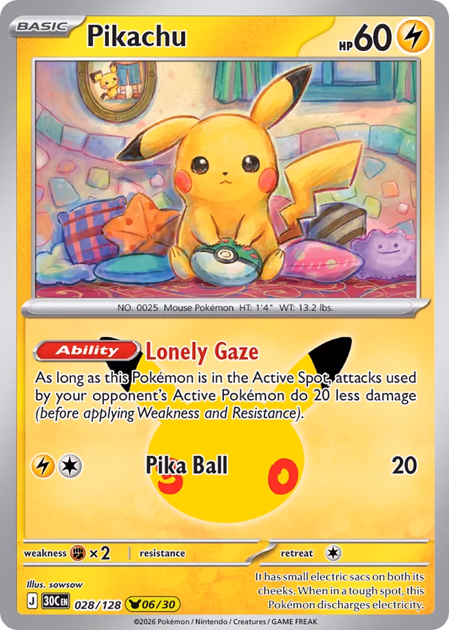 Pikachu Pokemon card (028/128, 30th Celebration)