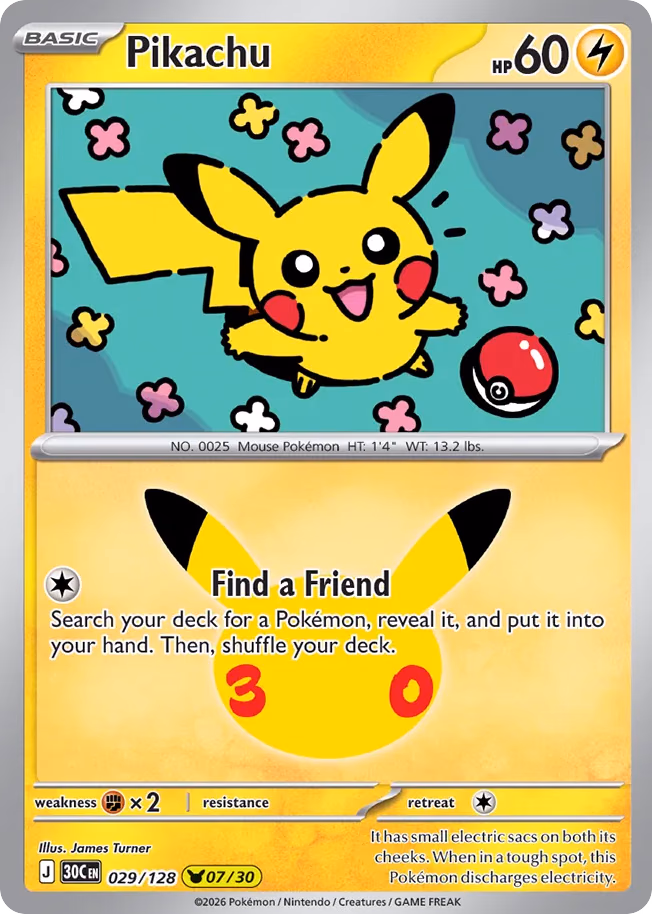 Pikachu Pokemon card (029/128, 30th Celebration)