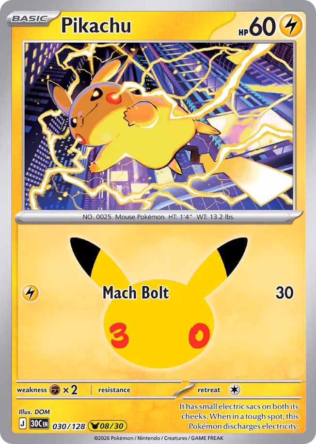 Pikachu Pokemon card (030/128, 30th Celebration)