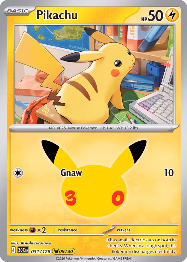 Pikachu Pokemon card (031/128, 30th Celebration)