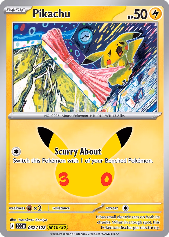Pikachu Pokemon card (032/128, 30th Celebration)