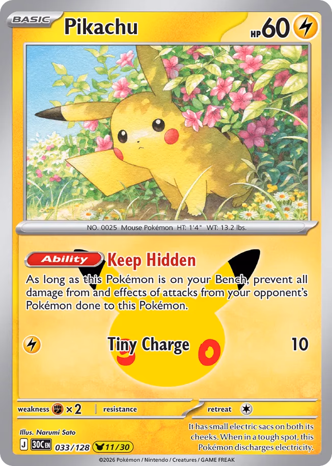Pikachu Pokemon card (033/128, 30th Celebration)