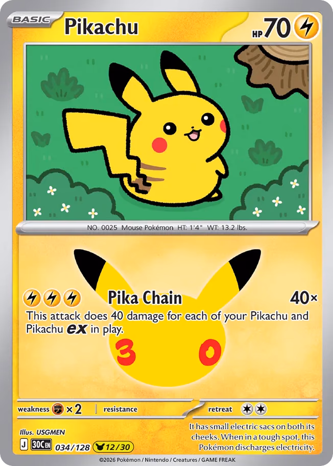 Pikachu Pokemon card (034/128, 30th Celebration)