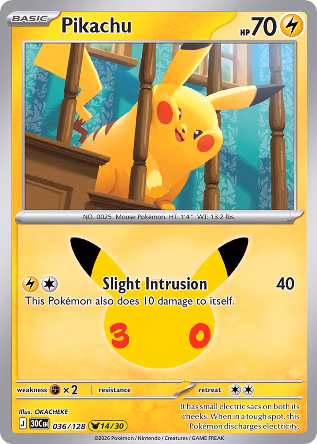 Pikachu Pokemon card (036/128, 30th Celebration)