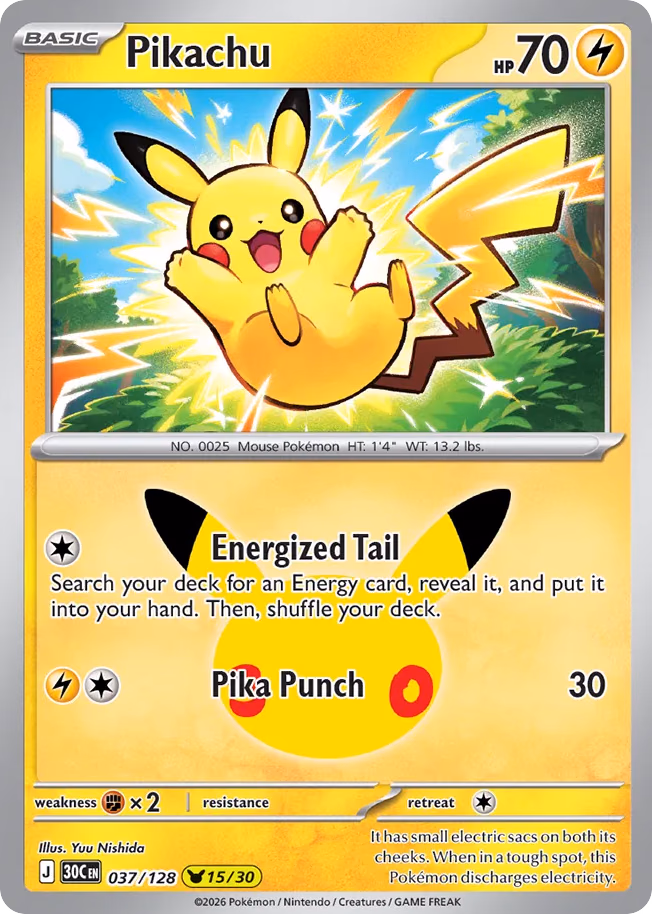 Pikachu Pokemon card (037/128, 30th Celebration)