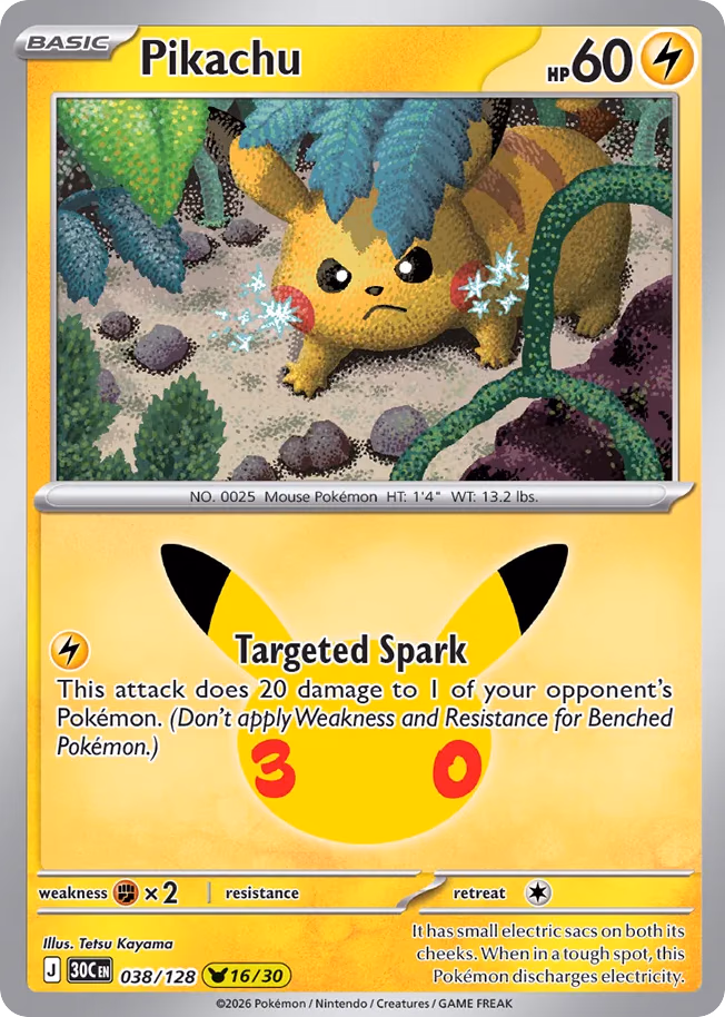 Pikachu Pokemon card (038/128, 30th Celebration)