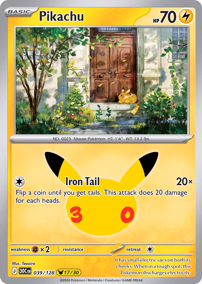 Pikachu Pokemon card (039/128, 30th Celebration)