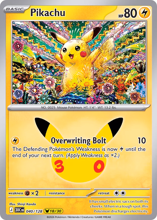 Pikachu Pokemon card (040/128, 30th Celebration)