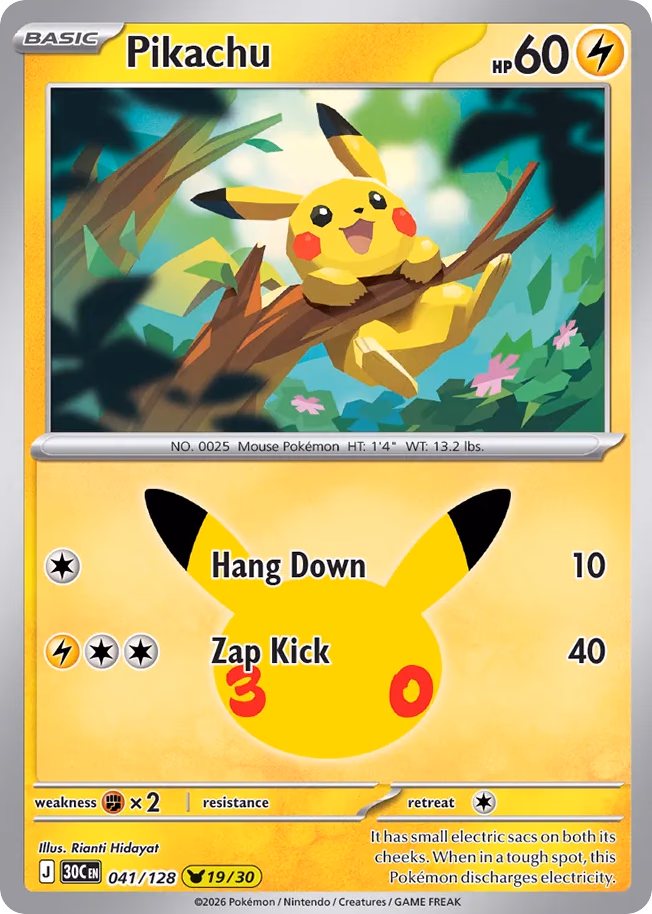 Pikachu Pokemon card (041/128, 30th Celebration)